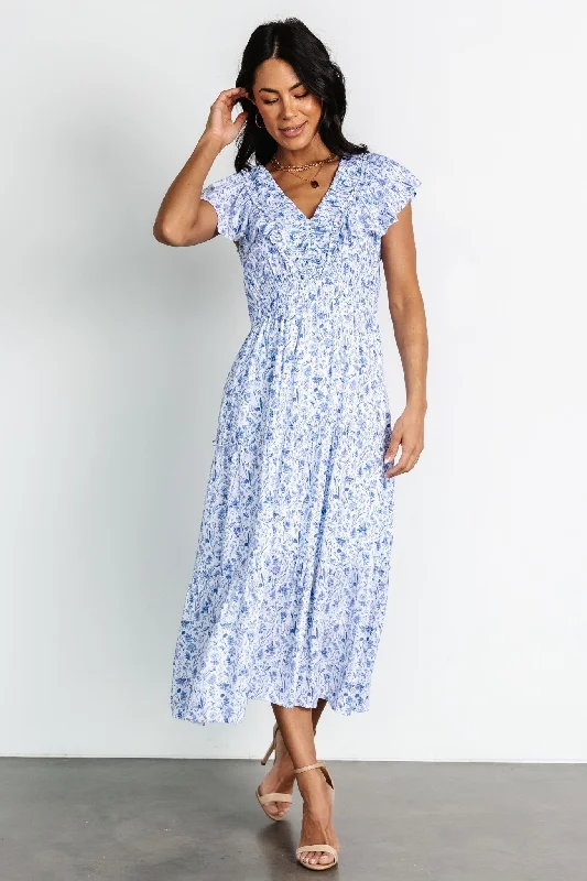 Puff - sleeve midi dress for a feminine and voluminous styleCrete Midi Dress | Blue + White Puff - sleeve midi dress for a feminine and voluminous styleCrete Midi Dress | Blue + White