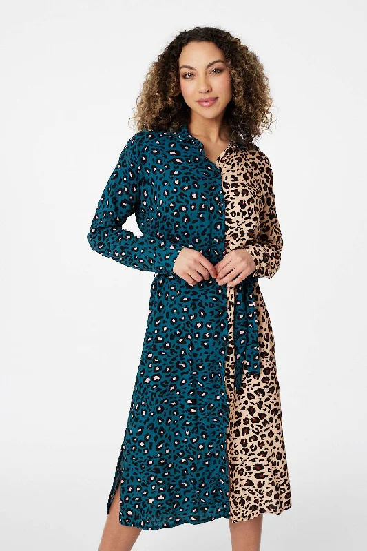 Midi dress for a yoga class with a flexible and breathable fabricAnimal Print Colour Block Shirt Dress Midi dress for a yoga class with a flexible and breathable fabricAnimal Print Colour Block Shirt Dress