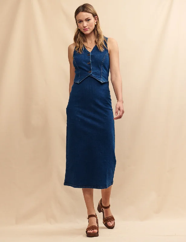 Midi dress for a movie night with a cozy sweater or jacketDark Denim Lambeth Waistcoat Dress Midi dress for a movie night with a cozy sweater or jacketDark Denim Lambeth Waistcoat Dress