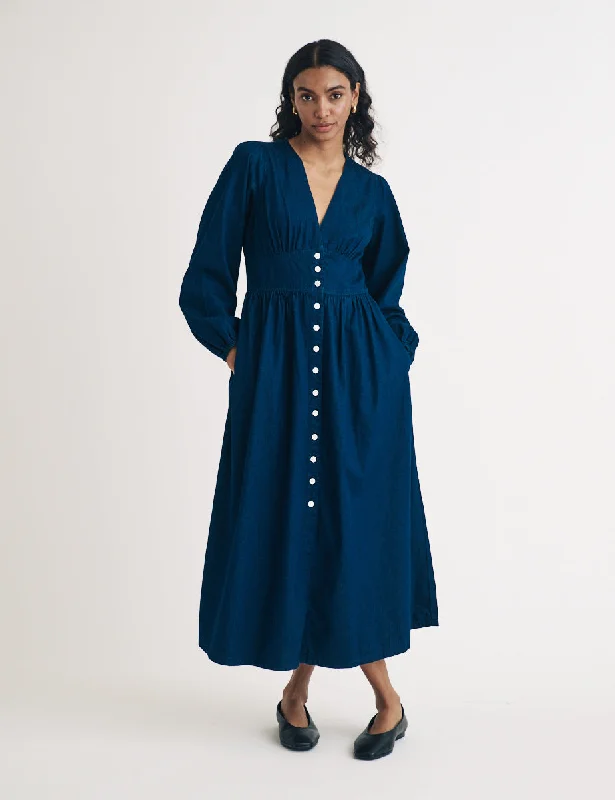 Linen midi dress for a breathable and casual summer optionDark Denim Long Sleeve Starlight Midi Dress Linen midi dress for a breathable and casual summer optionDark Denim Long Sleeve Starlight Midi Dress