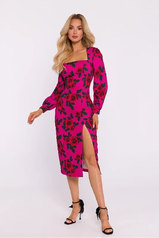 Button - front midi dress in a traditional and classic styleMoe Floral Square Neck Long Sleeve Midi Dress Button - front midi dress in a traditional and classic styleMoe Floral Square Neck Long Sleeve Midi Dress