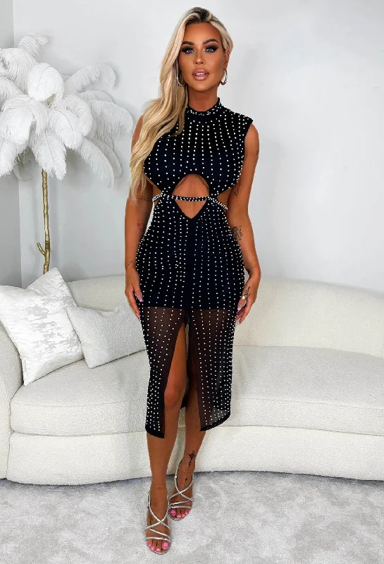 Button - front midi dress in a traditional and classic styleDazzled By Pearls Black Embellished Sleeveless Mesh Lined Midi Dress Button - front midi dress in a traditional and classic styleDazzled By Pearls Black Embellished Sleeveless Mesh Lined Midi Dress