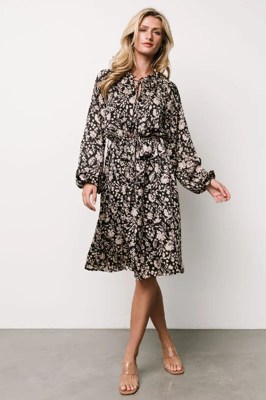 Retro - style 60s midi dress with a mod - inspired designDeena Satin Dress | Black + Taupe Floral Retro - style 60s midi dress with a mod - inspired designDeena Satin Dress | Black + Taupe Floral