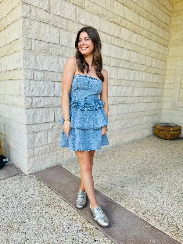 puff sleeve mini dressesDenim Tiered Mini