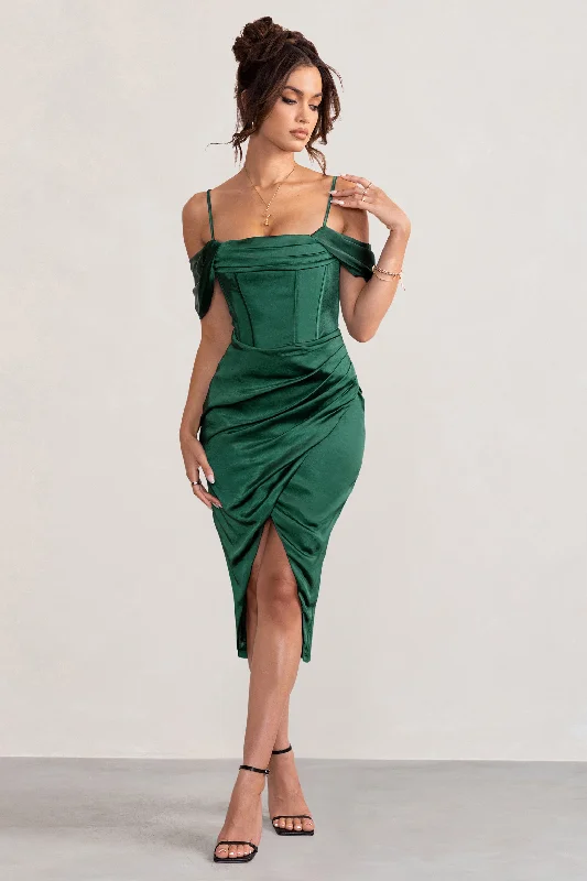Midi dress for a city break to explore in style and comfortDeserving | Bottle Green Satin Bardot Sleeve Corset Wrap Midi Dress Midi dress for a city break to explore in style and comfortDeserving | Bottle Green Satin Bardot Sleeve Corset Wrap Midi Dress