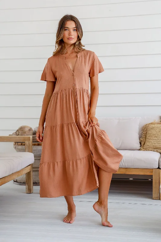 Ruffled hem midi dress for a charming and playful vibeDion Midi Dress Tan