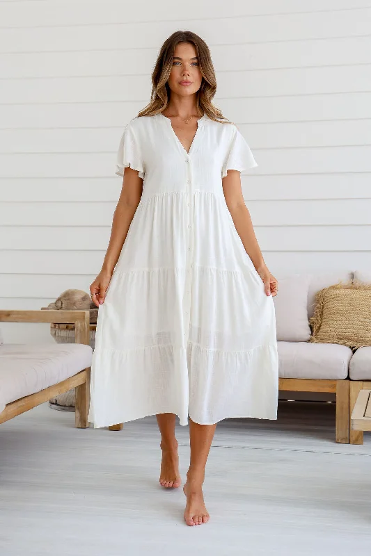 Embroidered - beadwork midi dress for a luxurious and detailed lookDion Midi Dress White Embroidered - beadwork midi dress for a luxurious and detailed lookDion Midi Dress White