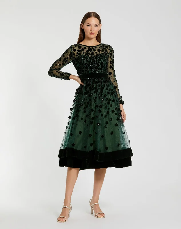Tassel - adorned midi dress for a bohemian and stylish touchEmbellished Illusion High Neck Long Sleeve Fit & Flare Dress Tassel - adorned midi dress for a bohemian and stylish touchEmbellished Illusion High Neck Long Sleeve Fit & Flare Dress