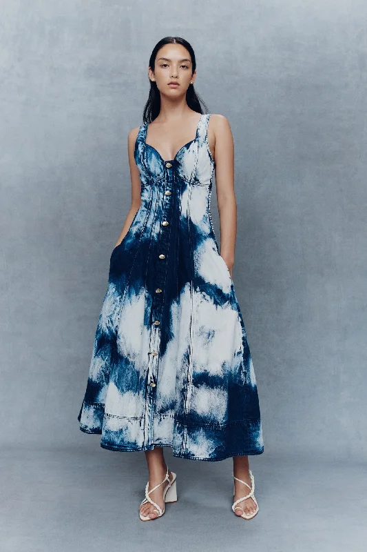 Designer - brand midi dress with a high - end labelEnigma Denim Midi Dress