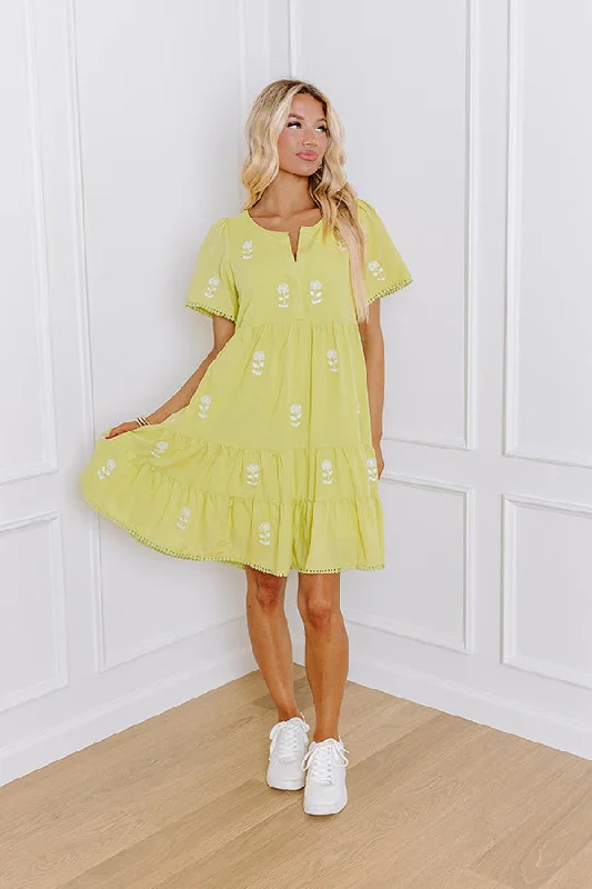 holiday themed mini dressesFrench Farmhouse Embroidered Mini Dress in Lime Punch