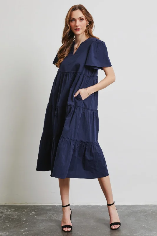 Knee - length midi dress for a versatile and appropriate lengthFull Size Cotton Poplin Ruffled Tiered Midi Dress Knee - length midi dress for a versatile and appropriate lengthFull Size Cotton Poplin Ruffled Tiered Midi Dress