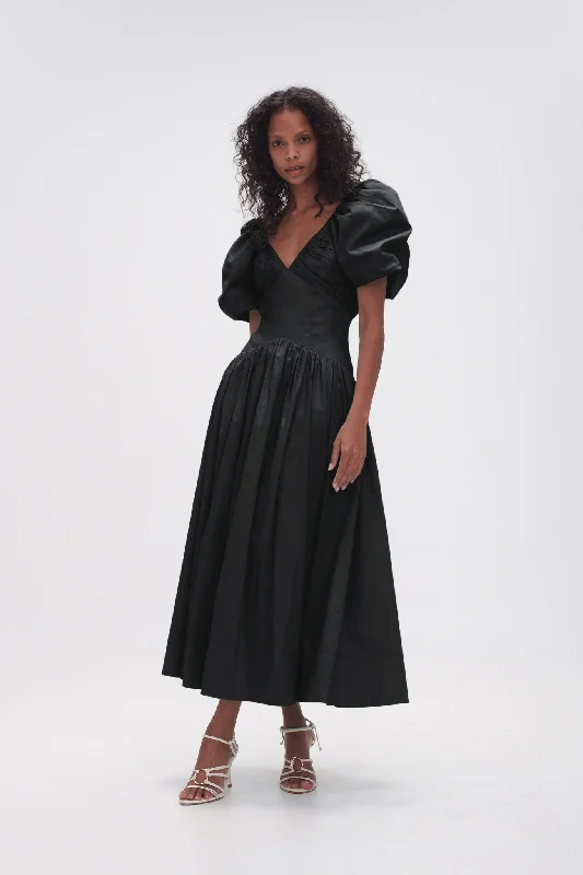 Puff - sleeve midi dress for a feminine and voluminous styleGabrielle Plunge Midi Dress Puff - sleeve midi dress for a feminine and voluminous styleGabrielle Plunge Midi Dress