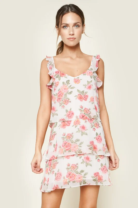 minimalist mini dressesGarden Of Roses Floral Print Tiered Ruffle Mini Dress