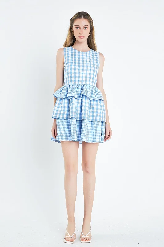 peasant style mini dressesGingham Tiered Mini Dress