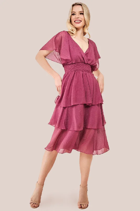Velvet midi dress for a luxurious and soft feelGoddiva Chiffon Layered Flutter Sleeve Midi Dress - Pink Velvet midi dress for a luxurious and soft feelGoddiva Chiffon Layered Flutter Sleeve Midi Dress - Pink