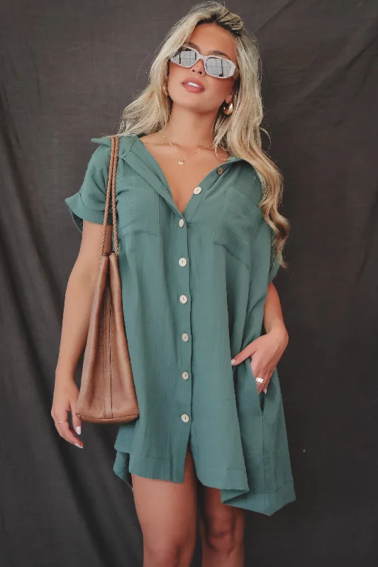 Christmas mini dressesHanging Out Tonight Green Linen Button Up Dress