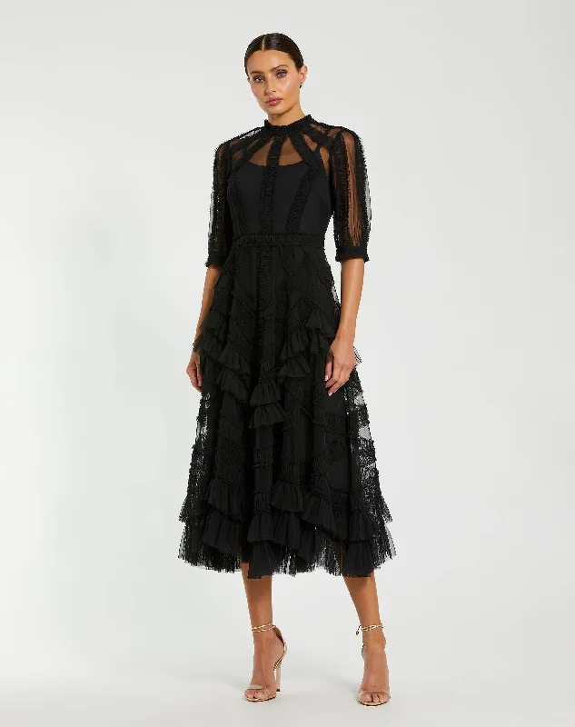Cold - shoulder midi dress for a trendy and modern styleHigh Neck Micro Ruffle Tiered Midi Dress Cold - shoulder midi dress for a trendy and modern styleHigh Neck Micro Ruffle Tiered Midi Dress