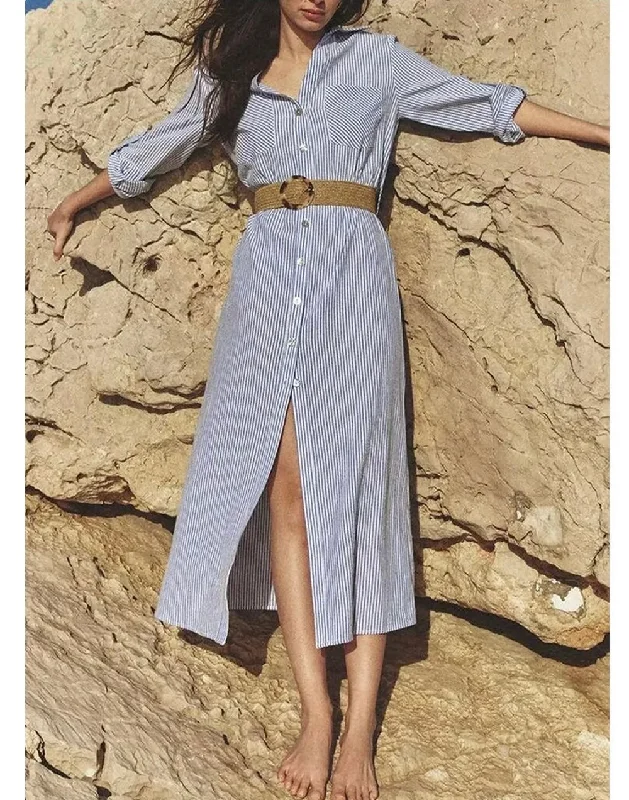 Scoop neck midi dress for a casual and comfortable styleJamie Luxe Striped Shirt Dress with Belt Scoop neck midi dress for a casual and comfortable styleJamie Luxe Striped Shirt Dress with Belt