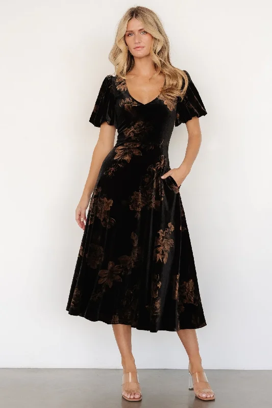 Geometric - pattern midi dress for a modern and stylish appearanceJanna Velvet Midi Dress | Black + Bronze Floral Geometric - pattern midi dress for a modern and stylish appearanceJanna Velvet Midi Dress | Black + Bronze Floral