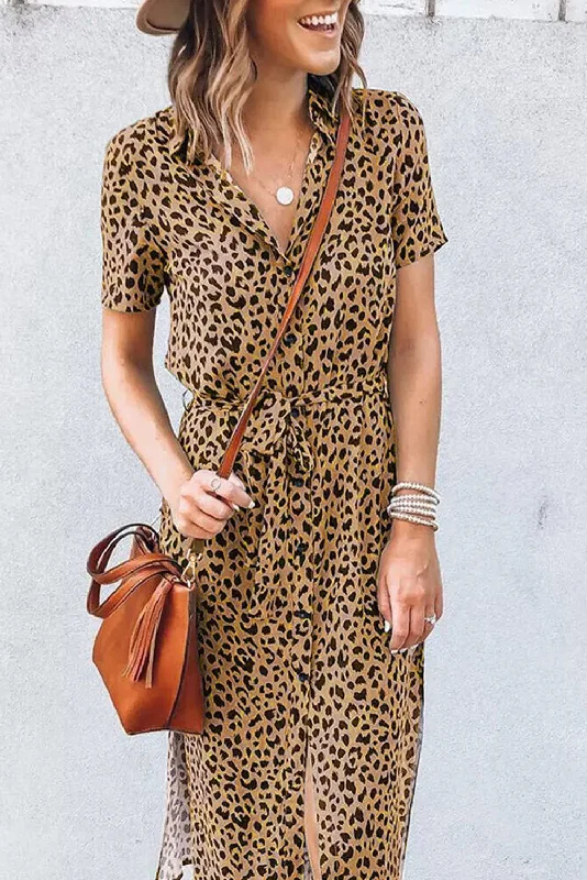 Midi dress for curvy figures with a flattering fitKhaki Leopard Turn-Down Collar Slit Midi Dress Midi dress for curvy figures with a flattering fitKhaki Leopard Turn-Down Collar Slit Midi Dress