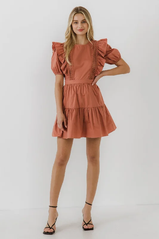 casual cotton mini dressesLace Inserted Dress with Puff Sleeves