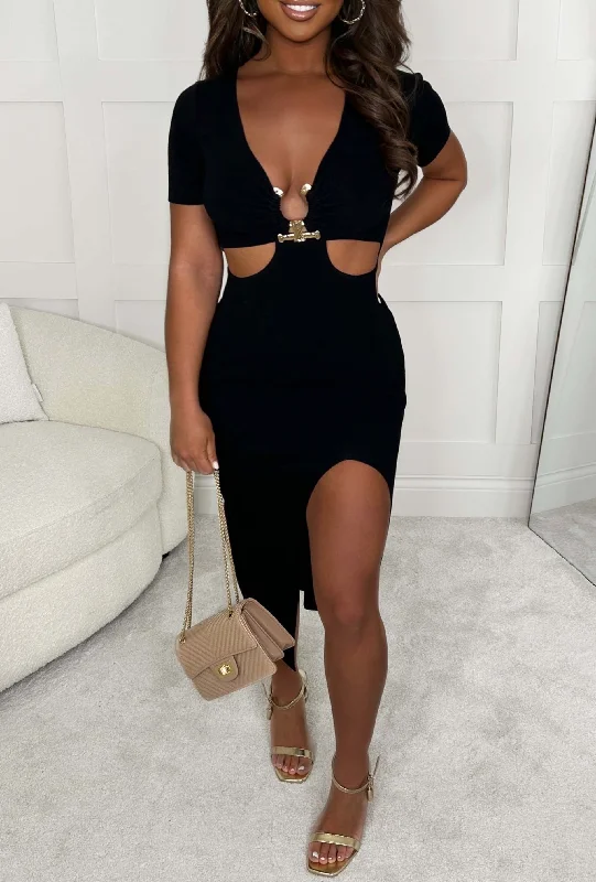 Midi dress for tall women with extra - long lengthsLittle Miss Cutie Black Gold Buckle Short Sleeve Cut Out Knitted Midi Dress Midi dress for tall women with extra - long lengthsLittle Miss Cutie Black Gold Buckle Short Sleeve Cut Out Knitted Midi Dress