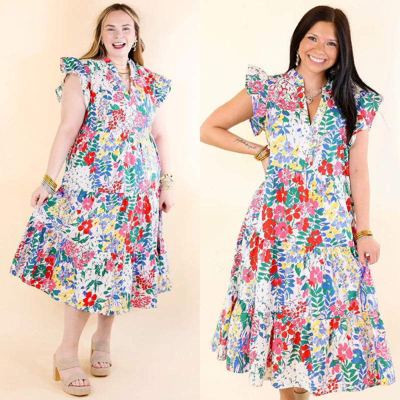 A - line satin midi dress for a formal and elegant occasionMagnolia Morning Floral Ruffle Cap Sleeve Tiered Midi Dress in White A - line satin midi dress for a formal and elegant occasionMagnolia Morning Floral Ruffle Cap Sleeve Tiered Midi Dress in White