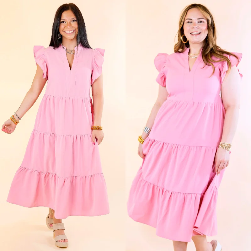 Drawstring - waist midi dress for a customizable and comfortable fitMagnolia Morning Ruffle Cap Sleeve Tiered Midi Dress in Pink Drawstring - waist midi dress for a customizable and comfortable fitMagnolia Morning Ruffle Cap Sleeve Tiered Midi Dress in Pink