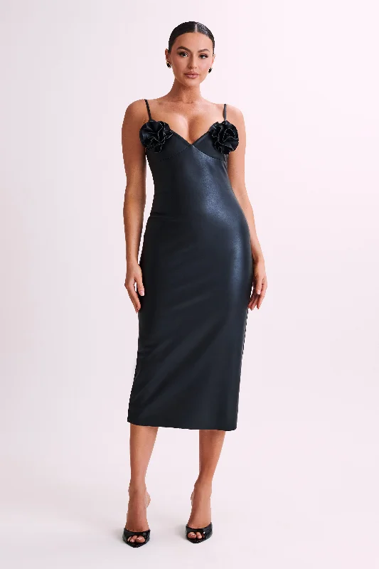Halter - neck midi dress for a modern and stylish lookMariam Faux Leather Rose Midi Dress - Black Halter - neck midi dress for a modern and stylish lookMariam Faux Leather Rose Midi Dress - Black