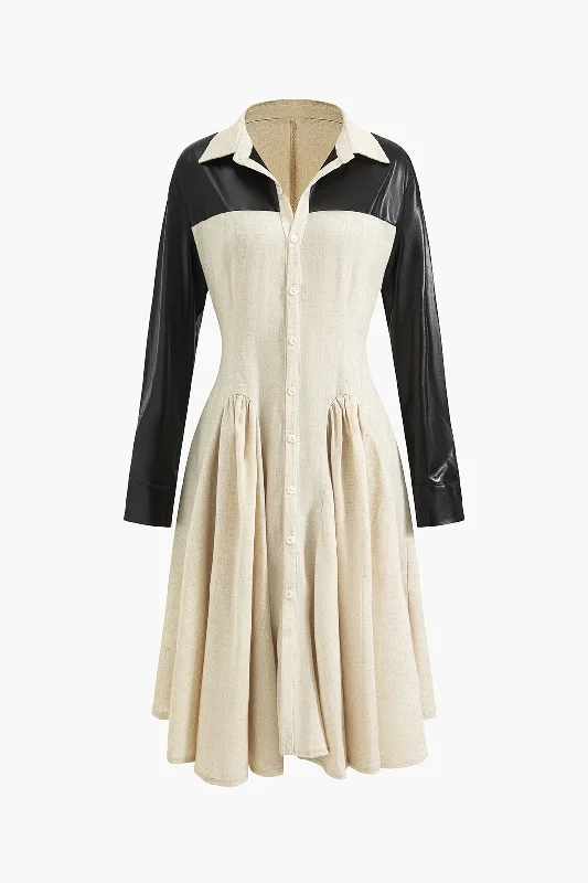 Midi dress for a movie night with a cozy sweater or jacketFaux Leather Patchwork Ruched Midi Dress Midi dress for a movie night with a cozy sweater or jacketFaux Leather Patchwork Ruched Midi Dress