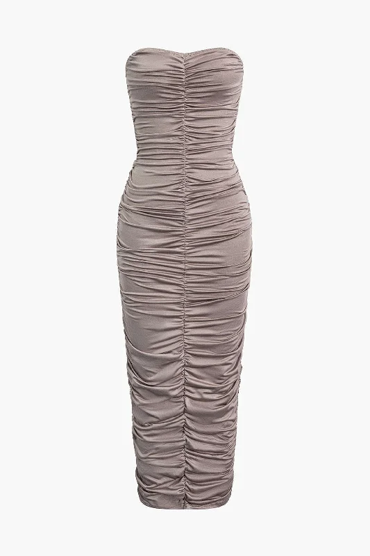 Sequin - embellished midi dress for a sparkly and eye - catching styleSolid Ruched Strapless Midi Dress Sequin - embellished midi dress for a sparkly and eye - catching styleSolid Ruched Strapless Midi Dress