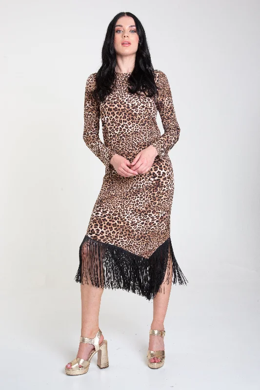 Floral print chiffon midi dress for a feminine and elegant lookMulti Animal Print Fringe Hem Midi Dress Floral print chiffon midi dress for a feminine and elegant lookMulti Animal Print Fringe Hem Midi Dress