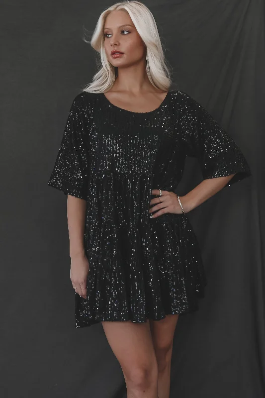 short sleeve mini dressesMy Queen Black Sequin Babydoll Dress