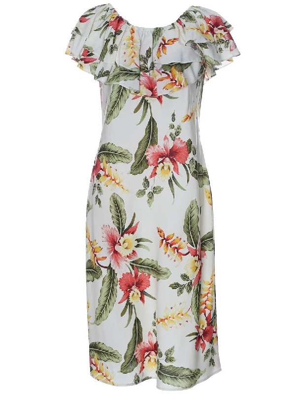 Bell - sleeve midi dress for a bohemian and stylish appearanceOff Shoulder Short Hawaiian Dress Orchid Pua Bell - sleeve midi dress for a bohemian and stylish appearanceOff Shoulder Short Hawaiian Dress Orchid Pua