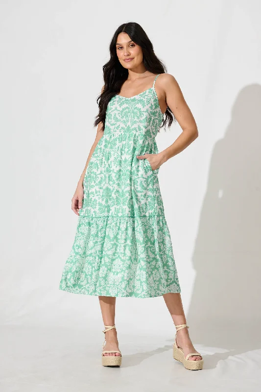 Appliqué - decorated midi dress for a unique and detailed stylePavarti Midi Sundress in Mint Green Floral Linen Blend Appliqué - decorated midi dress for a unique and detailed stylePavarti Midi Sundress in Mint Green Floral Linen Blend