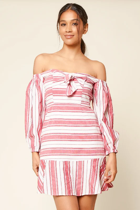 blue mini dressesPersephone Off The Shoulder Striped Mini Dress