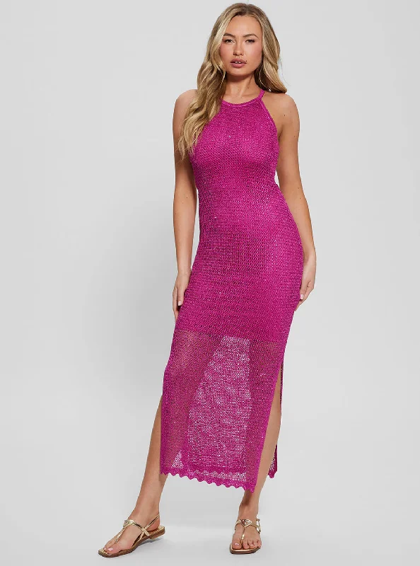 Midi dress for a countryside getaway for a laid - back and rustic lookPink Lana Mesh Stitch Midi Dress Midi dress for a countryside getaway for a laid - back and rustic lookPink Lana Mesh Stitch Midi Dress