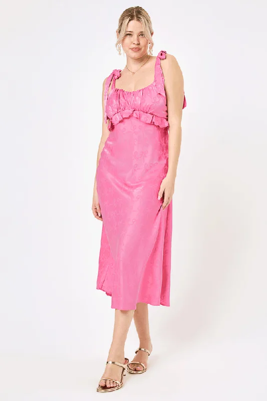 Midi dress for a photoshoot to create a stylish and memorable lookPInk Tie Shoulder Ruffle Midi Dress Midi dress for a photoshoot to create a stylish and memorable lookPInk Tie Shoulder Ruffle Midi Dress
