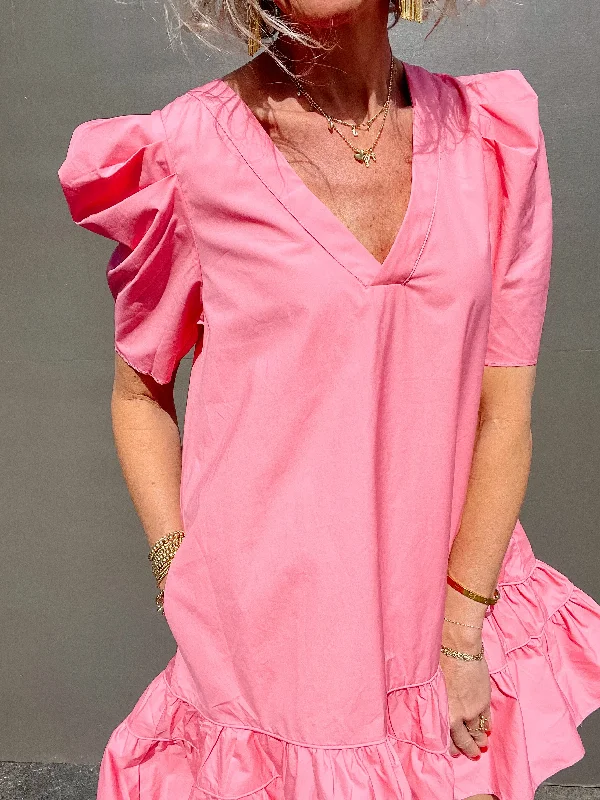 teenage mini dressesPink Vneck Poplin Puff Sleeve Dress