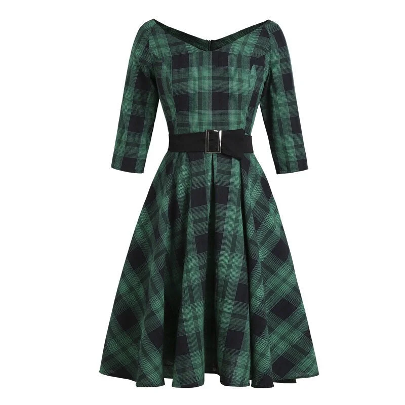 Designer - brand midi dress with a high - end labelBerriesJam - 2024Plaid Elegant Robe V Neck High Waist Dress Designer - brand midi dress with a high - end labelBerriesJam - 2024Plaid Elegant Robe V Neck High Waist Dress