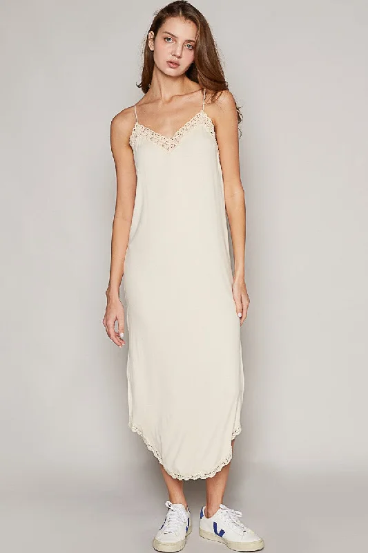 Lace - up midi dress for a trendy and adjustable lookToula Lace Trim Midi Dress (Almond Cream) Lace - up midi dress for a trendy and adjustable lookToula Lace Trim Midi Dress (Almond Cream)