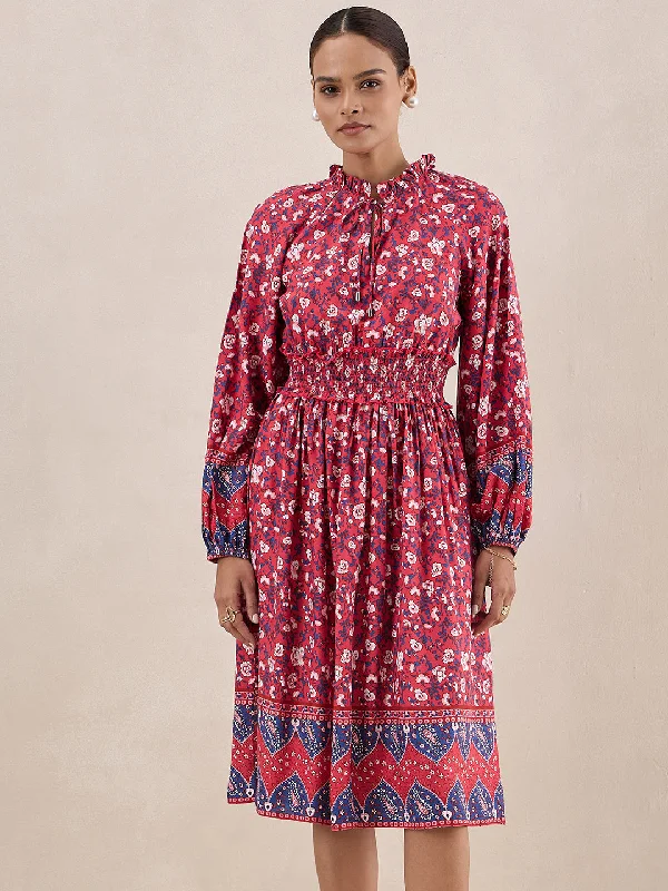 Asymmetric hem midi dress for a unique and fashionable styleRed Floral Border Printed Smocked Detail Midi Dress Asymmetric hem midi dress for a unique and fashionable styleRed Floral Border Printed Smocked Detail Midi Dress