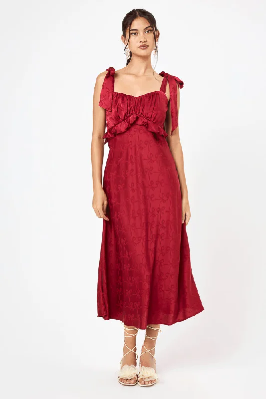 Cotton - blend midi dress for a comfortable and versatile choiceRed Tie Shoulder Ruffle Midi Dress Cotton - blend midi dress for a comfortable and versatile choiceRed Tie Shoulder Ruffle Midi Dress