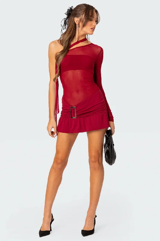cottagecore mini dressesOne Shoulder Sheer Mesh Mini Dress
