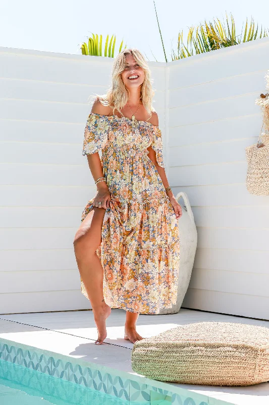 Cotton - blend midi dress for a comfortable and versatile choiceSantorini Dress Floral Peach Cotton - blend midi dress for a comfortable and versatile choiceSantorini Dress Floral Peach