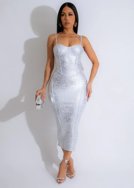 Empire waist midi dress for a flattering and feminine fitShimmer Midi Dress Silver