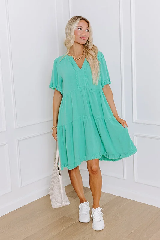 geometric print mini dressesSimple Life Linen-Blend Mini Dress in Sea Glass