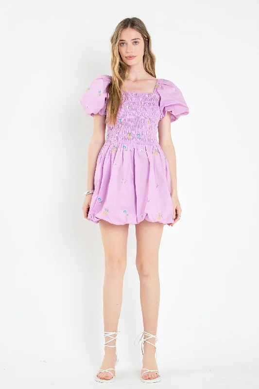 gray mini dressesSmocked Dress with Balloon Sleeves