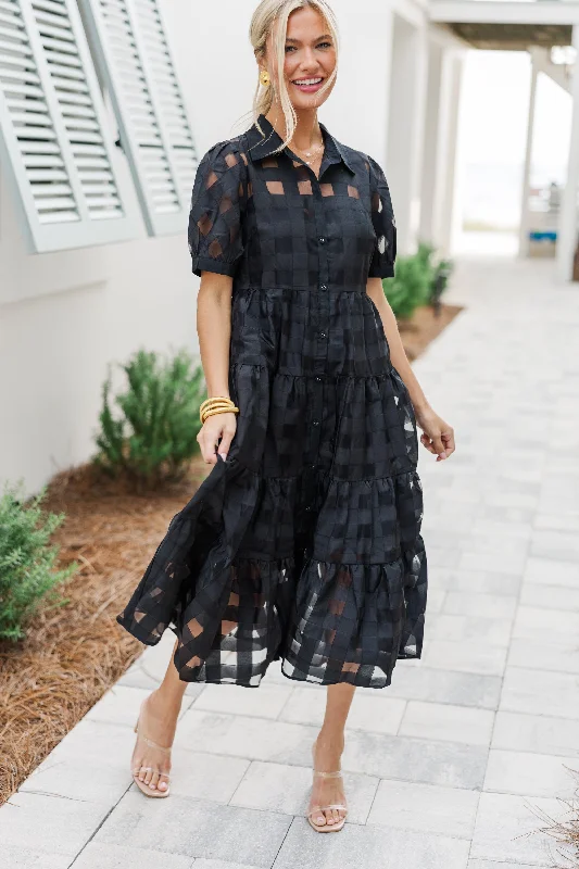 Midi dress for a yoga class with a flexible and breathable fabricSo Worth It Black Organza Button Down Midi Dress Midi dress for a yoga class with a flexible and breathable fabricSo Worth It Black Organza Button Down Midi Dress