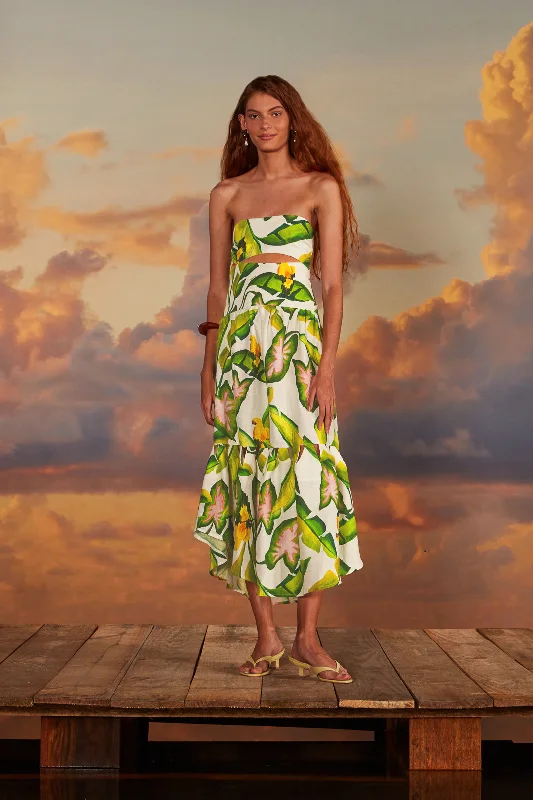 Split - hem midi dress for added mobility and a trendy styleOff-White Summer Foliage Euroflax™ Premium Linen Midi Dress Split - hem midi dress for added mobility and a trendy styleOff-White Summer Foliage Euroflax™ Premium Linen Midi Dress